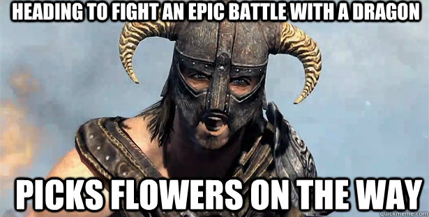 Heading to fight an epic battle with a Dragon Picks flowers on the way  skyrim