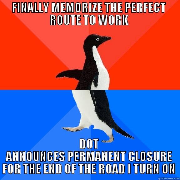 FINALLY MEMORIZE THE PERFECT ROUTE TO WORK DOT ANNOUNCES PERMANENT CLOSURE FOR THE END OF THE ROAD I TURN ON Socially Awesome Awkward Penguin