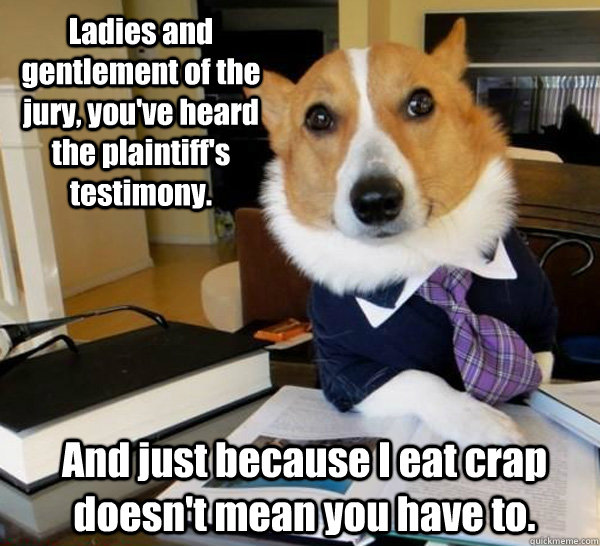 Ladies and gentlement of the jury, you've heard the plaintiff's testimony. And just because I eat crap doesn't mean you have to.  Lawyer Dog