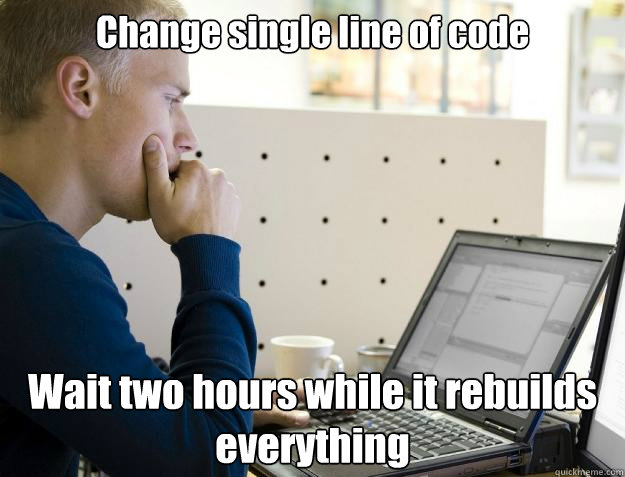 Change single line of code Wait two hours while it rebuilds everything  Programmer