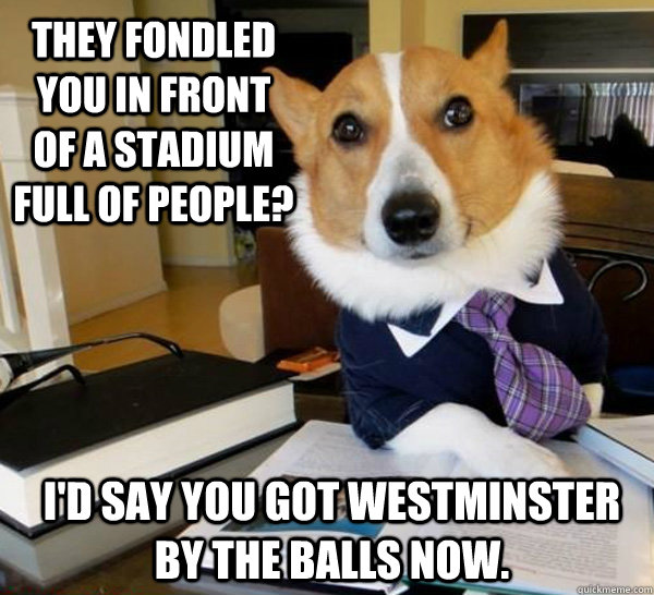 They fondled you in front of a stadium full of people? I'd say you got Westminster by the balls now. - They fondled you in front of a stadium full of people? I'd say you got Westminster by the balls now.  Lawyer Dog