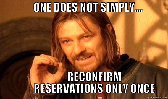 OVERLY METICULOUS RESERVATION AGENT -                 ONE DOES NOT SIMPLY....                                           RECONFIRM            RESERVATIONS ONLY ONCE One Does Not Simply