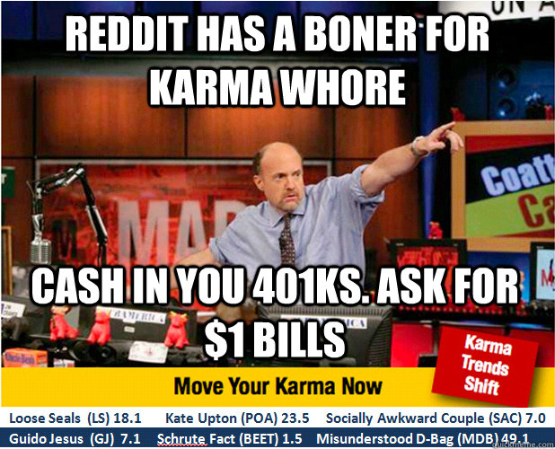 Reddit has a boner for karma whore Cash in you 401ks. Ask for $1 Bills  Jim Kramer with updated ticker