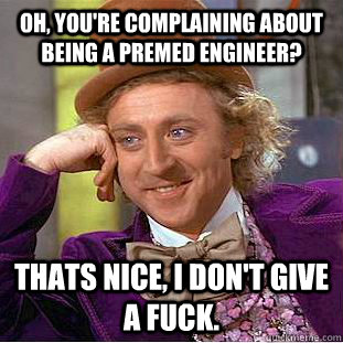 Oh, you're complaining about being a premed engineer? Thats nice, I don't give a fuck. - Oh, you're complaining about being a premed engineer? Thats nice, I don't give a fuck.  Condescending Wonka