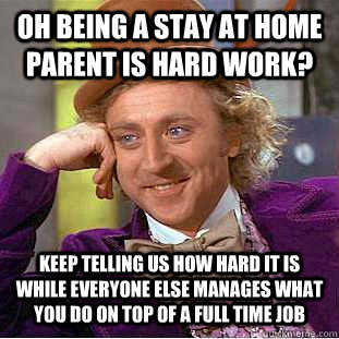 Oh being a stay at home parent is hard work? Keep telling us how hard it is while everyone else manages what you do on top of a full time job  Condescending Wonka