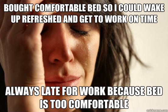 bought comfortable bed so i could wake up refreshed and get to work on time always late for work because bed is too comfortable   First World Problems