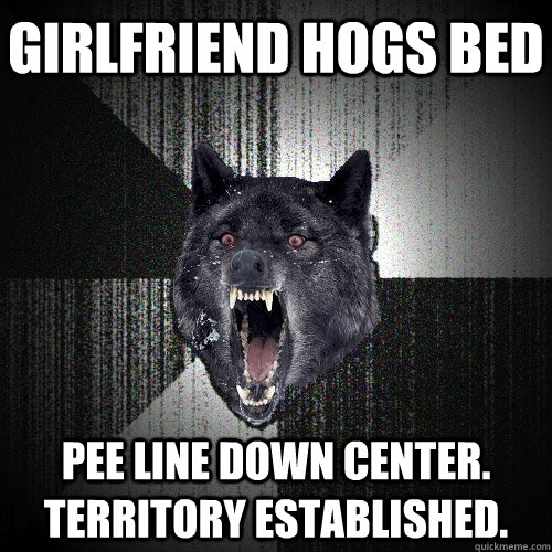 Girlfriend hogs bed Pee line down center. Territory established.  Insanity Wolf