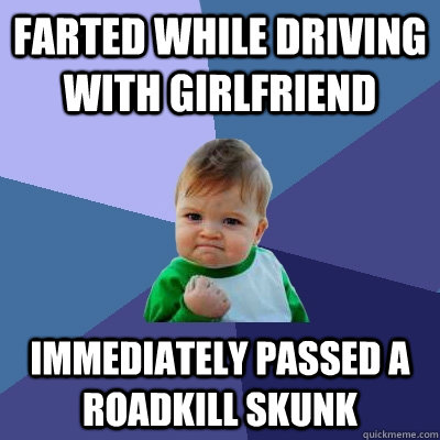 Farted while driving with girlfriend Immediately passed a roadkill skunk  Success Kid