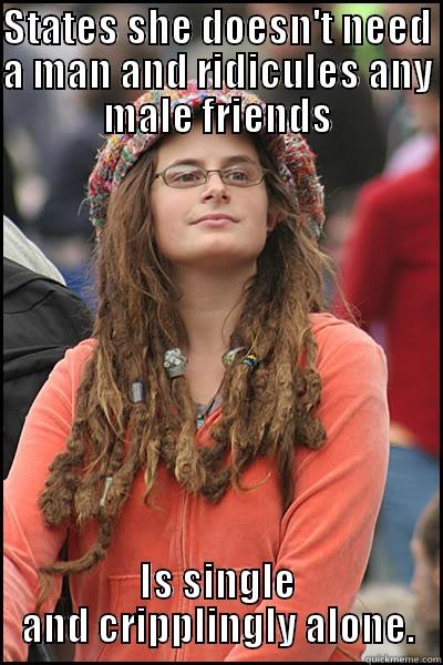 STATES SHE DOESN'T NEED A MAN AND RIDICULES ANY MALE FRIENDS IS SINGLE AND CRIPPLINGLY ALONE. College Liberal