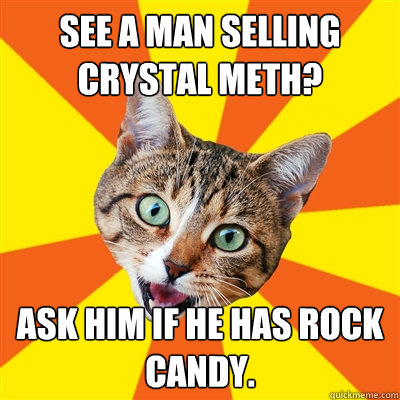 See a man selling crystal meth? Ask him if he has rock candy.  Bad Advice Cat