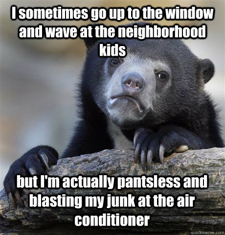 I sometimes go up to the window and wave at the neighborhood kids but I'm actually pantsless and blasting my junk at the air conditioner  Confession Bear