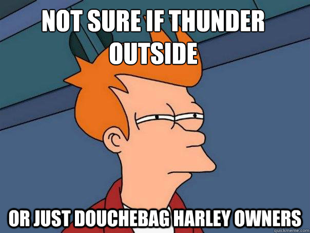 Not sure if thunder outside or just douchebag Harley owners  Futurama Fry