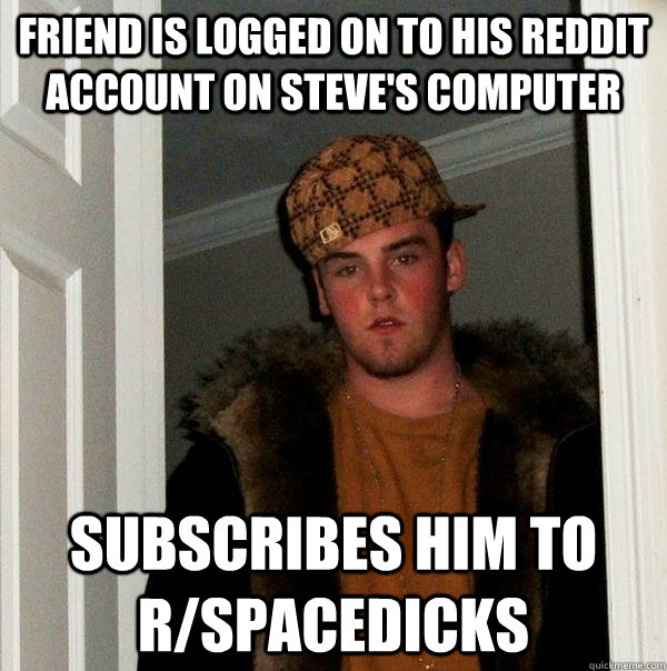 friend is logged on to his reddit account on steve's computer subscribes him to r/spacedicks  Scumbag Steve