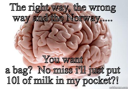 Norweigan people - THE RIGHT WAY, THE WRONG WAY AND THE NORWAY..... YOU WANT A BAG?  NO MISS I'LL JUST PUT 10L OF MILK IN MY POCKET?! Scumbag Brain