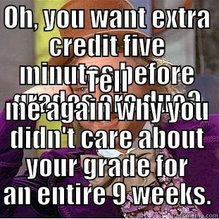 end of grading period - OH, YOU WANT EXTRA CREDIT FIVE MINUTES BEFORE GRADES ARE DUE? TELL ME AGAIN WHY YOU DIDN'T CARE ABOUT YOUR GRADE FOR AN ENTIRE 9 WEEKS. Condescending Wonka