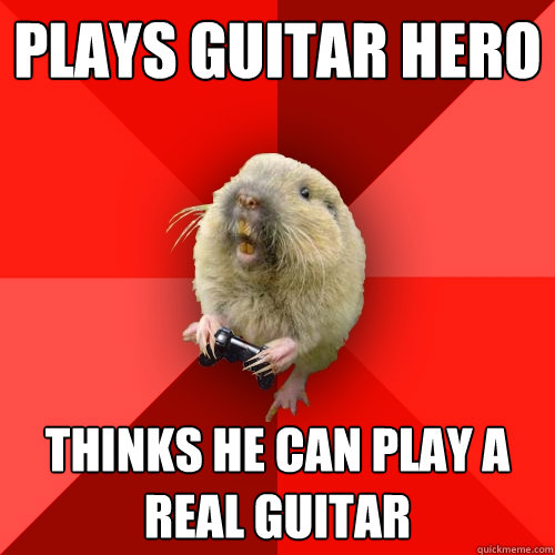 Plays guitar hero Thinks he can play a real guitar  Gaming Gopher