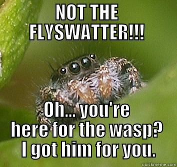 NOT THE FLYSWATTER!!! OH... YOU'RE HERE FOR THE WASP?  I GOT HIM FOR YOU. Misunderstood Spider