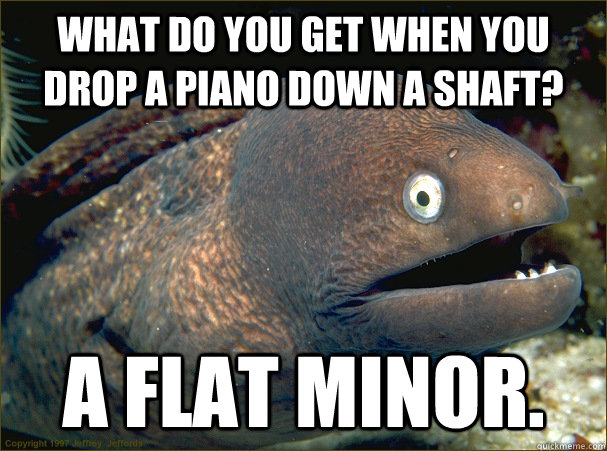 What do you get when you drop a piano down a shaft? A flat minor.  Bad Joke Eel