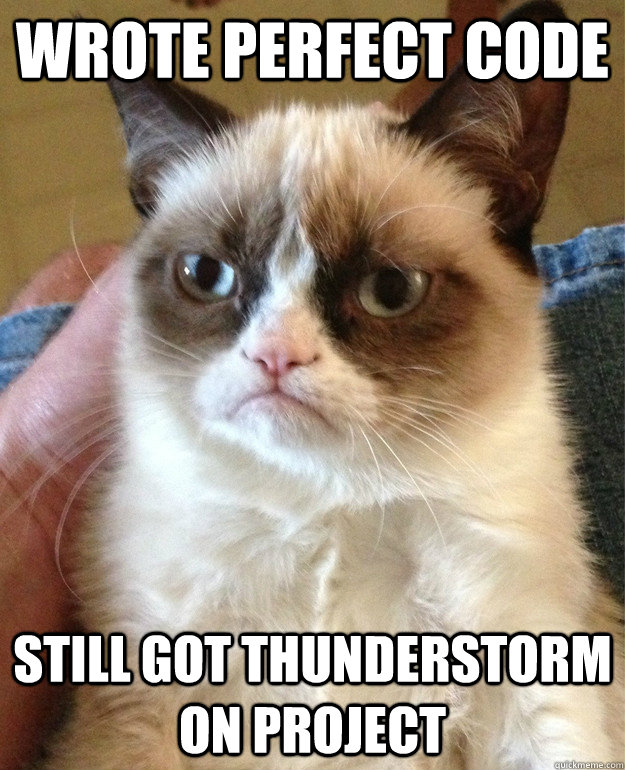 wrote perfect code still got thunderstorm on project  Grumpy Cat