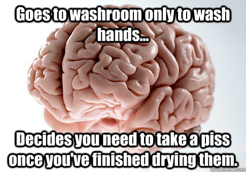 Goes to washroom only to wash hands... Decides you need to take a piss once you've finished drying them.   Scumbag Brain