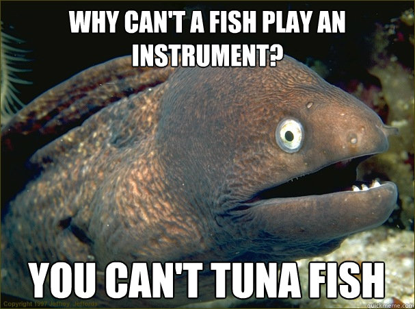 Why can't a fish play an instrument? You can't tuna fish  Bad Joke Eel