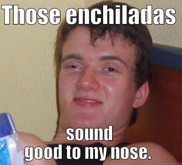 My drunk roommate just said this about the dinner I'm cooking. - THOSE ENCHILADAS  SOUND GOOD TO MY NOSE.  10 Guy