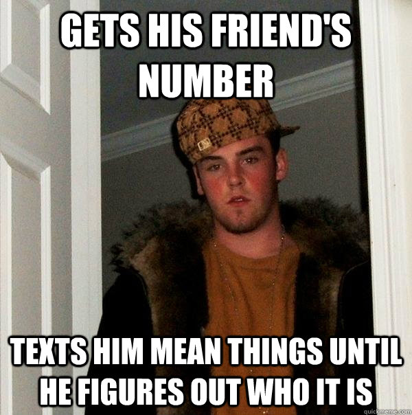 gets his friend's number texts him mean things until he figures out who it is - gets his friend's number texts him mean things until he figures out who it is  Scumbag Steve