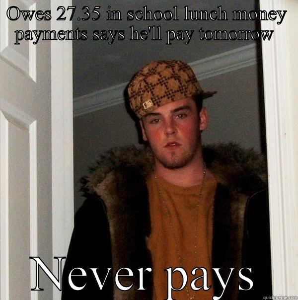 OWES 27.35 IN SCHOOL LUNCH MONEY PAYMENTS SAYS HE'LL PAY TOMORROW  NEVER PAYS Scumbag Steve