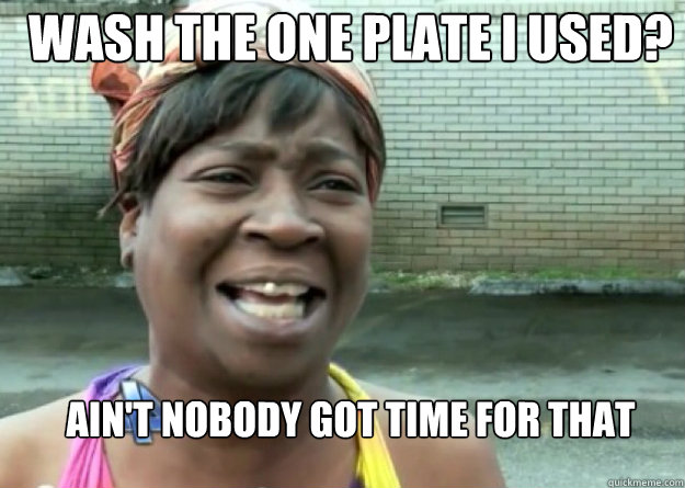 WASH THE ONE PLATE I USED? AIN'T NOBODY GOT TIME FOR THAT  Aint nobody got time for that