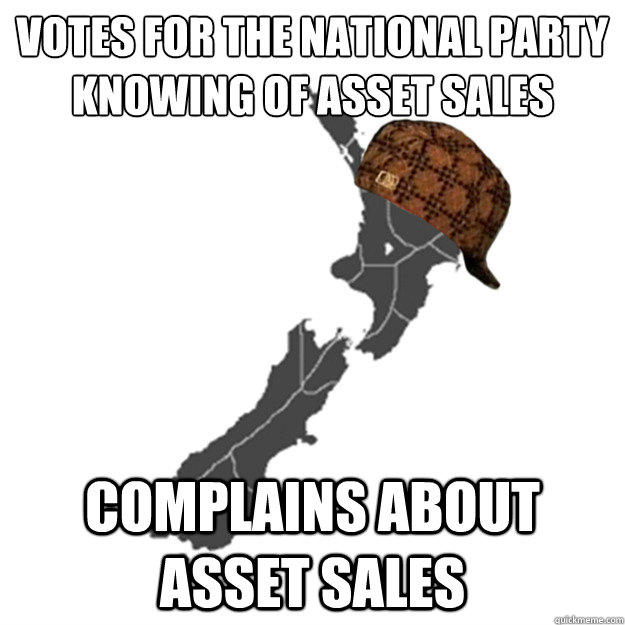 votes for the national party
knowing of asset sales complains about asset sales - votes for the national party
knowing of asset sales complains about asset sales  Scumbag New Zealanders