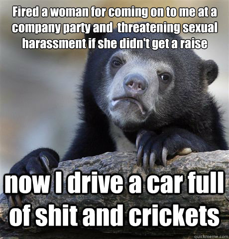 Fired a woman for coming on to me at a company party and  threatening sexual harassment if she didn't get a raise now I drive a car full of shit and crickets  Confession Bear