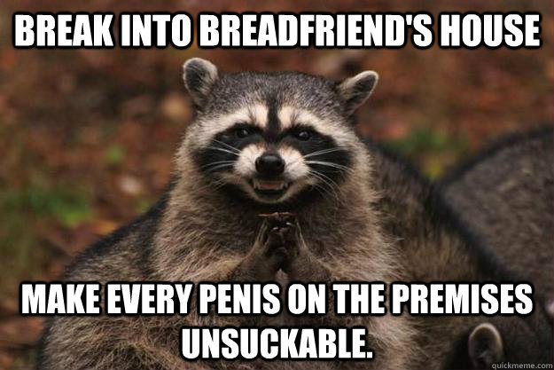 Break into breadfriend's house make every penis on the premises unsuckable.   Evil Plotting Raccoon