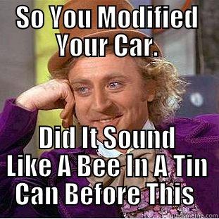 SO YOU MODIFIED YOUR CAR. DID IT SOUND LIKE A BEE IN A TIN CAN BEFORE THIS  Condescending Wonka