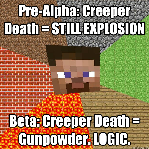 Pre-Alpha: Creeper Death = STILL EXPLOSION Beta: Creeper Death = Gunpowder. LOGIC.  Minecraft