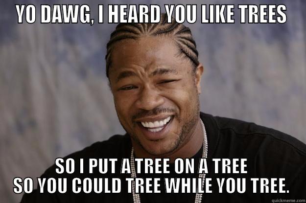 YO DAWG, I HEARD YOU LIKE TREES SO I PUT A TREE ON A TREE SO YOU COULD TREE WHILE YOU TREE. Xzibit meme