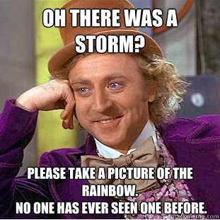 Oh there was a storm? Please take a picture of the rainbow.
 No one has ever seen one before.   Condescending Wonka