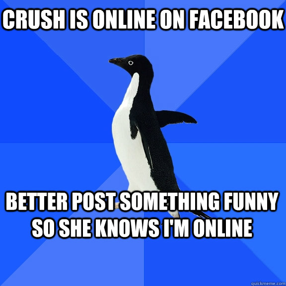 crush is online on facebook better post something funny so she knows i'm online    Socially Awkward Penguin