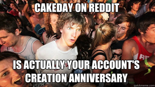 Cakeday on Reddit
 is actually your account's creation anniversary  Sudden Clarity Clarence