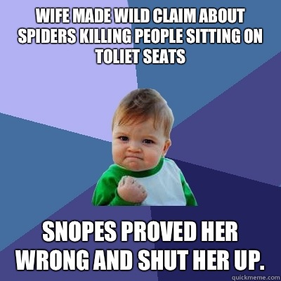 Wife made wild claim about spiders killing people sitting on toliet seats Snopes proved her wrong AND shut her up.   Success Kid