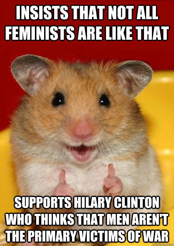 Insists that not all feminists are like that supports Hilary Clinton who thinks that men aren't the primary victims of war   Rationalization Hamster