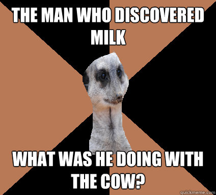 the man who discovered milk what was he doing with the cow? - the man who discovered milk what was he doing with the cow?  Confused meerkat