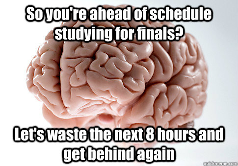 So you're ahead of schedule studying for finals? Let's waste the next 8 hours and get behind again - So you're ahead of schedule studying for finals? Let's waste the next 8 hours and get behind again  Scumbag Brain