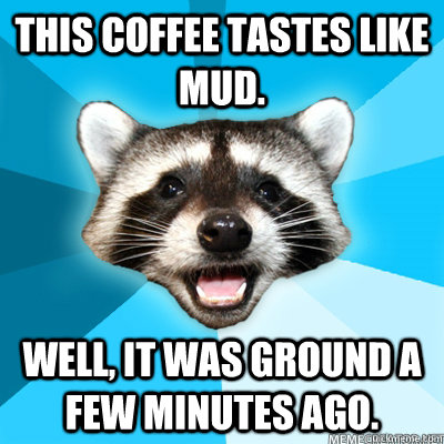 This coffee tastes like mud. Well, it was ground a few minutes ago.  - This coffee tastes like mud. Well, it was ground a few minutes ago.   Lame Pun Raccoon