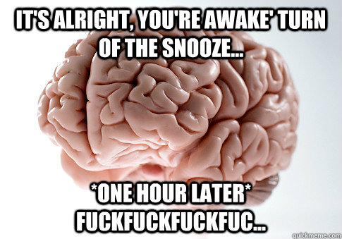 It's alright, you're awake' turn of the snooze... *one hour later* fuckfuckfuckfuc...  Scumbag Brain