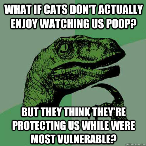 what if cats don't actually enjoy watching us poop? bUT THEY THINK THEY'RE PROTECTING US WHILE WERE MOST VULNERABLE? - what if cats don't actually enjoy watching us poop? bUT THEY THINK THEY'RE PROTECTING US WHILE WERE MOST VULNERABLE?  Philosoraptor