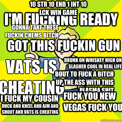 Got this fuckin gun I'm fucking ready Fuck you new vegas fuck you Bout to fuck a bitch up the ass with this plasma shit Gonna take these fuckin chems bitch
 drunk on whiskey high on slasher cool in real life 10 STR 10 END 1 INT 10 LCK WIN GAME Duck and kn  Fallout new vegas