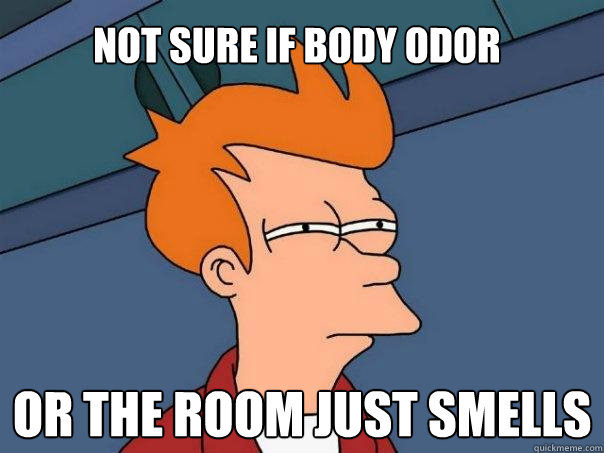 Not sure if body odor Or the room just smells  Futurama Fry