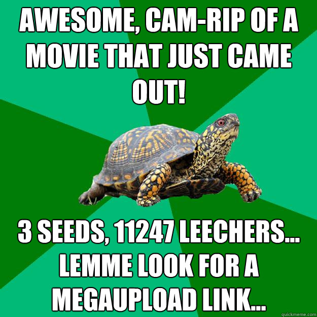 AWESOME, CAM-RIP OF A MOVIE THAT JUST CAME OUT! 3 Seeds, 11247 leechers...
Lemme look for a megaupload link... - AWESOME, CAM-RIP OF A MOVIE THAT JUST CAME OUT! 3 Seeds, 11247 leechers...
Lemme look for a megaupload link...  Torrenting Turtle