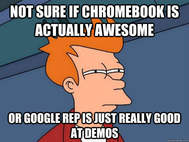 Not sure if chromebook is actually awesome Or google rep is just really good at demos  Futurama Fry