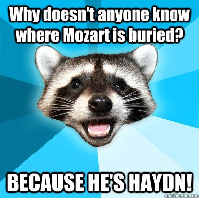 Why doesn't anyone know where Mozart is buried? BECAUSE HE'S HAYDN!  Lame Pun Coon